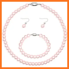 【新品】 [LucBuy] イミテーションパールジュエリーセット、Kucheed フェイクパールネックレスブレスレットイヤリング、3点ブライダルウェディングジュエリー、女性へのギフト（ピンク）