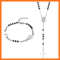 【新品】 [Aroncent] クロス 十字架 ブレスレット ネックレス セット: ビーズ パール 数珠 念珠 チェーン レトロ アンティーク風 シンプル オシャレ ブラック シルバー - 聖母マリア キリスト教 アクセサリー 1