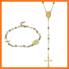 【新品】 [Aroncent] クロス 十字架 ブレスレット ネックレス セット: ビーズ パール 数珠 念珠 チェーン レトロ アンティーク風 シンプル オシャレ ホワイト ゴールド - 聖母マリア キリスト教 アクセサリー 0