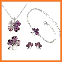 【新品】 [Phoenix] 四つ葉のクローバー ネックレス ＆ ブレスレット ＆ ピアス ＆ ブローチ 計 4種セット 幸運 四つ葉 クローバー フラワー ネックレス (パープル)