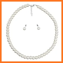 【新品】 [AREUM] ホワイト パール ネックレス＆ピアス セット 8mm 42cm~48cm アジャスターチェーン 冠婚葬祭 フォーマル レディース ジュエリー セット 1
