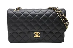 CHANEL シャネル マトラッセ 25 Wフラップ Wチェーン ショルダーバッグ ブラック ラムスキン 18番台 ゴールド金具 美品 中古 4b011631
