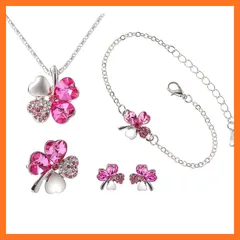 【新品】 [Phoenix] 四つ葉のクローバー ネックレス ＆ ブレスレット ＆ ピアス ＆ ブローチ 計 4種セット ジュエリー ファッション アクセサリー レディース 合金 人工水晶 エレガント 幸せな 幸運 四つ葉 クローバー フラワー ネックレス (