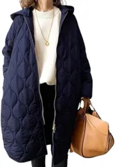 AQUA Marine レディース キルティングコート ロング丈 中綿 フード付き 軽量 防寒 アウター ゆったり 体型カバー おしゃれ 秋冬 ロングコート きれいめ 大人カジュアル (ネイビー,  Free Size)