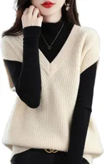 SLOW＆MELLOW ニット ベスト レディース シンプル カジュアル 無地 ゆったり トップス 韓国 セーター Vネック 暖かい レイヤード 3カラー ジレ 重ね着 プルオーバー (ベージュ,  Free Size)