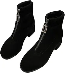 SLOW＆MELLOW レディース ショートブーツ スエード フロントファスナー カジュアル 韓国 アンクル 丈 チャンキーヒール 美脚 歩きやすい 秋 冬 きれいめ (ブラック,  25.0 cm)