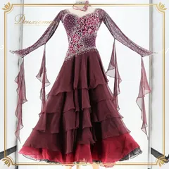 社交ダンス 衣装 白樺ドレス スタンダードドレス ワンピース ドレス スタンダード フロート レース 紫 茶色 デモ 競技 ダンス パーティ 発表会 上品 綺麗 フリル パープル系 ブラウン系 ピンク系 上品なデザイン 高級感 二重スカート 華やか