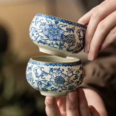 新品未使用 汝磁陶器湯呑み オーナーカップ 家庭用湯呑み 染付け枝紋様 中国風お茶器