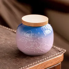 新品未使用 紫 陶磁器 茶筒 堆彫 玉兎 灯 茶保存缶 収納 缶 防湿 密閉缶 保存 缶 空缶