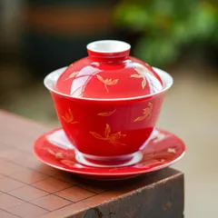 新品未使用 秋水花柄陶器三才蓋碗 個人用高級泡だて碗 耐熱湯呑み 家庭用お茶器