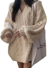 AQUA Marine カーディガン レディース ニット オーバーサイズ セーター 長袖 ケーブル編み ゆったり 体型カバー 厚手 あったか おしゃれ きれいめ 大人可愛い シンプル (ホワイト,  Free Size)