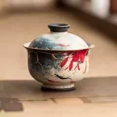 新品未使用 工場製 青花 火石 蓋碗 ティーカップ 金彩 手作り 荷韻 お茶入れ 蓋付き 陶磁器 功夫茶道具