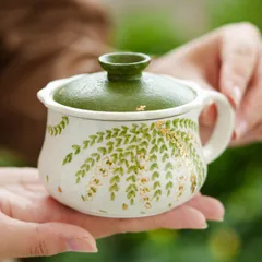 新品未使用 洒金藤の花泡だてカップ 蓋付き陶器茶碗 家庭用中国風オーナーカップ オフィス用お茶分離カップ