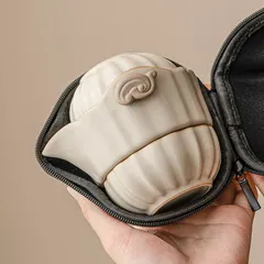 新品未使用 米黄汝磁旅行用お茶器 持ち運び便利 陶器クイックカップ 一急須二カップセット