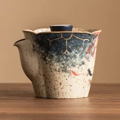 新品未使用 青花火石 陶磁器 茶碗 手作り 金彩 荷韻 花口 手抓み 中式 古風 お茶入れ