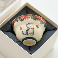 新品未使用 岩石釉白陶器湯呑み オーナーカップ 個人用お茶器 蝶花萌猫紋様 家庭用お茶器