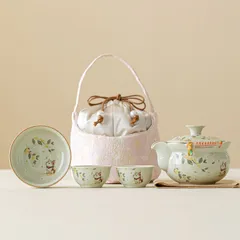新品未使用 桂花 小さな猫 陶磁器 クイックカップ 草木灰 ポータブル トラベル 茶道具 セット 一人用 野外 お茶セット