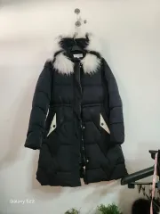 ブラック ロング ダウン コート + 白 ファー フーディー