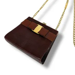 SalvatoreFerragamo サルヴァトーレフェラガモ　がま口　チェーンショルダーバッグ　ヴァラリボン　ブラウン　型押しレザー