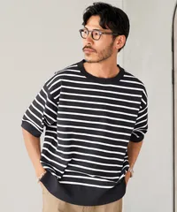 新品 未使用 JIGGYS SHOP(ジギーズショップ)5分袖クルーネックニットTシャツ 217887 ブラック×オフのサムネイル