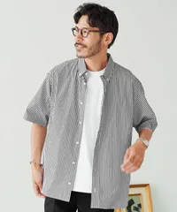 新品 未使用 JIGGYS SHOP(ジギーズショップ)ビックシルエットボタンダウン半袖シャツ 217884 グレー×ホワイトのサムネイル