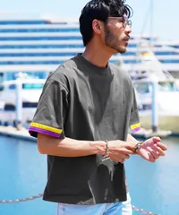 新品 未使用 JIGGYS SHOP(ジギーズショップ)コットン アクセントスリーブ 半袖Tシャツ 217991 チャコールグレーのサムネイル