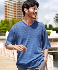新品 未使用 JIGGYS SHOP(ジギーズショップ)ロールVネック半袖サマーニットＴシャツ 218160 インディゴのサムネイル