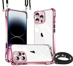 iPhone 14 Pro 用 ケース クリア ショルダー iPhone 14 pro スマホケース アイフォン 14Pro プロ カバー 肩掛け 斜めかけ 縄掛けケース 新型韓国 透明 薄型 軽量 TPU メッキ加工 ケース 紐付き 斜めがけ 織りストラップ
