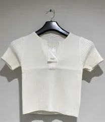 RUEE リブニットトップス ホワイト Vネック 半袖 リブニットトップス