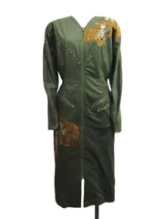 伊太利屋 レオパード ヒョウ柄 ワンピース タイト ジップアップ プリント スタッズ装飾 カーキ グリーン系 イタリヤ ITALIYA  C-TK5574 個性派  日本製 レディース E550L