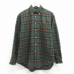 L/古着 トミーヒルフィガー 長袖 ブランド フランネル シャツ メンズ 90年代 90s ワンポイントロゴ コットン ボタンダウン 緑他 チェック 25dec06