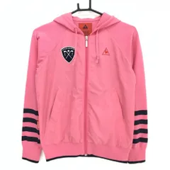 【美品】ルコック 切替ジップパーカー ピンク×ネイビー ニット ロゴ刺しゅう 袖口付近ボーダー レディース M ゴルフウェア le coq sportif