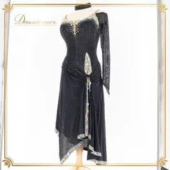 社交ダンス 衣装 ラテン ドレス ワンピース 黒 ビジュー デモ 競技 トライアル ゴールド 金 パーティ 発表会 豪華 華やか forever フォーエバー ブラック系 社交ダンスドレス パーティードレス フォーマルドレス 講演会用ドレス 高級感