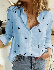 【ブルー】リネンシャツ レディース シャツ ブラウス 柄 長袖 麻 風 通気性 ナチュラル 体型カバー 大人カジュアル 夏 春 秋 羽織り 透け感 軽量