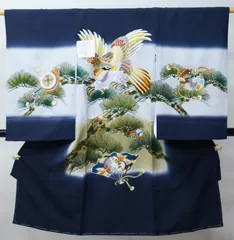お宮参り 産着 男児 正絹 のしめ 着物 高級 総刺繍 金刺繍 鷹 軍配 小槌 濃紺地 祝着 一つ身 掛け着 初着 NO42815-1