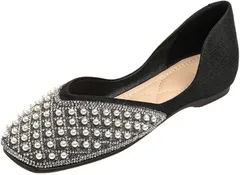 YMSTco ビジュー パンプス キラキラ パール スクエアトゥ フラット ローヒール 痛くない Vカット 結婚式 パーティー お出かけ 歩きやすい (ブラック,  23.0 cm)