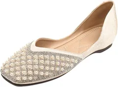 YMSTco ビジュー パンプス キラキラ パール スクエアトゥ フラット ローヒール 痛くない Vカット 結婚式 パーティー お出かけ 歩きやすい (ホワイト,  23.0 cm)