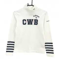 【美品】キャロウェイ 長袖ハイネックシャツ 白×ネイビー ロゴ刺しゅう 袖ライン 裏微起毛 レディース M ゴルフウェア Callaway