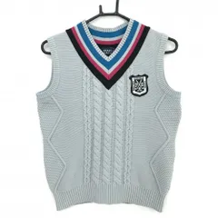 【超美品】パーリーゲイツ ニットベスト ライトグレー×黒×ピンク 一部ケーブル編み Vネック レディース 0(S) ゴルフウェア PEARLY GATES