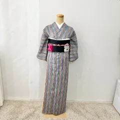 ウール着物　初心者セット　ウール着物・名古屋帯・帯締め　帯揚げセット　生成り　青　紫　緑　茶　えんじ色　しま模様　大正ロマン　レトロ　ヴィンテージ着物　japan kimono 　　#きもの猫田　T454