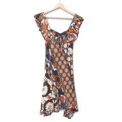 JUST cavalli(ジャストカヴァリ) ワンピース サイズ40 M レディース - ダークブラウン×オレンジ×マルチ ノースリーブ/ひざ丈/花柄/フリル