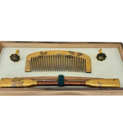 【簪・櫛 セット】金張刻印 高蒔絵 花柄装飾 鳥 月 木製ケース かんざし くし アンティーク ヴィンテージ品