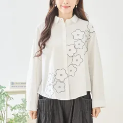 フラワーライン刺繍シャツ M〜L 綿100％ 線画調フラワー 大人カジュアル 羽織にも使える ホワイト