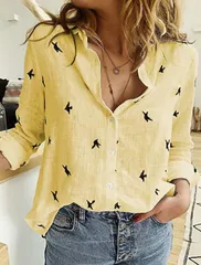 【イエロー】リネンシャツ レディース シャツ ブラウス 柄 長袖 麻 風 通気性 ナチュラル 体型カバー 大人カジュアル 夏 春 秋 羽織り 透け感 軽量
