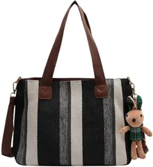 YMSTco キャンバストートバッグ ストライプ柄 レディース 帆布 ２way ショルダーバッグ ミニマリスト 斜め掛け チャーム付き A4対応 シンプル (ブラック,  4 号 A)