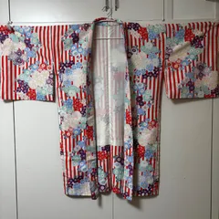 羽織　身丈105cm　赤　カラフル　水色　紫　小紋　ストライプ　花柄　レディース　モダン　洗える着物