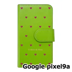 【新品未使用】 Google pixel9a 手帳型スマホ ケース ハート柄 (カバー色グリーン×ボルドー柄) ドット シンプル おしゃれ カード収納 PUレザー flip2-pixel9a-gr-20080