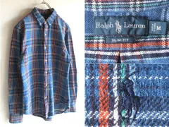 Ralph Lauren ラルフローレン SLIM FIT スリムフィット ポロポニーロゴ刺繍 コットン チェックシャツ ヘビーネルシャツ BDシャツ M ブルー