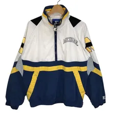 90's vintage 90年代 ヴィンテージ STARTER スターター MICHIGAN ミシガン大学 カレッジ刺繡 ハーフジップ プルオーバー ナイロンジャケット 長袖 袖刺繡 ワンポイント刺繡 China製 Mサイズ ホワイト ネイビー イエロー