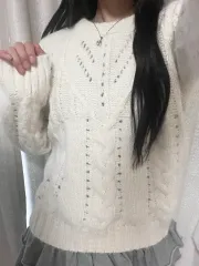 アイボリー/グレー ケーブル編み ニット セーター